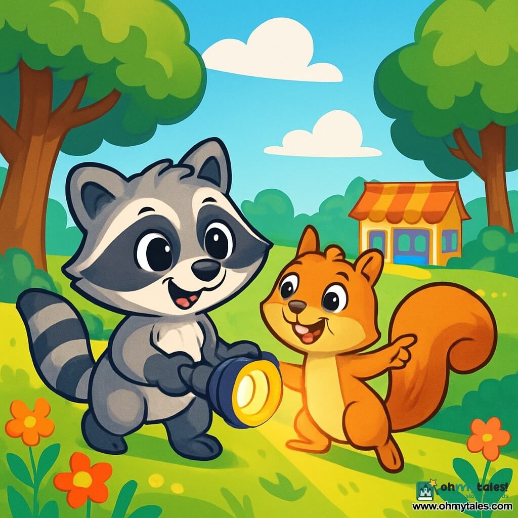 A little raccoon named Rascal, with soft striped fur and bright curious eyes, holds a sparkling flashlight in his paws, showing an expression of excitement and determination. Beside him, a mischievous squirrel named Pip, with light brown fur and a bushy tail, joyfully smiles while pointing towards a colorful store in the distance, his eyes sparkling with enthusiasm. The setting is a lush green meadow dotted with vibrant flowers and tall majestic trees, under a blue sky with fluffy white clouds. In the center of the image, Rascal and Pip stand on a sunny hill, ready to head down to the store, surrounded by the scent of flowers and the song of birds. The main scene depicts Rascal and Pip on an adventure, eager to explore Big Meadow, filled with curiosity and energy, with the flashlight illuminating their path.