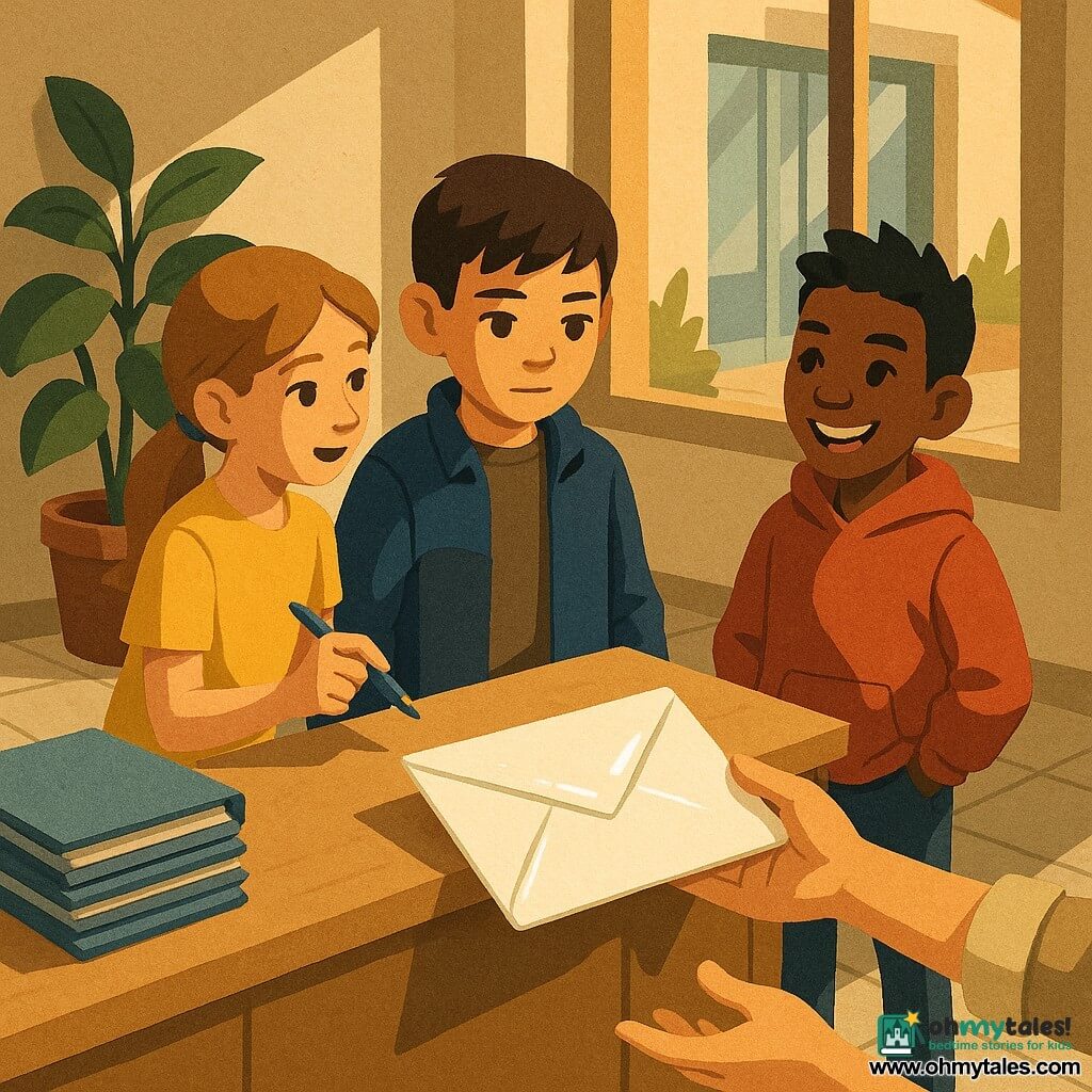 There are three children: Milo, a boy about 11 with short brown hair, wearing a navy jacket and holding a small worn notebook in his right hand, standing center near the counter and looking intently at the envelope; Lina, a girl about 11 with long light-brown hair in a ponytail, wearing a yellow shirt, holding a pen and pointing at the envelope as if explaining, positioned left of Milo and leaning slightly toward him; Jax, a boy about 11 with short black hair, wearing a red hoodie, hands in pockets but with an excited posture, right of Milo and watching with a broad smirk. Location: small lit school office with beige tiled floor, light wood counter with stacks of blue folders, a potted plant by a large window showing the courtyard and a blurred glass elevator, and colorful posters on the walls; soft late-afternoon light casts sharp, paper-cut shadows. Main situation: the coach gently extends a large sealed white envelope across the counter toward Mrs. Dalloway (off-screen, suggested by a welcoming hand); the three children look relieved; the coach’s expression shows relief and an apologetic smile; composition centered on the shiny white envelope with slight reflections and the three children forming a triangle around the focal point.