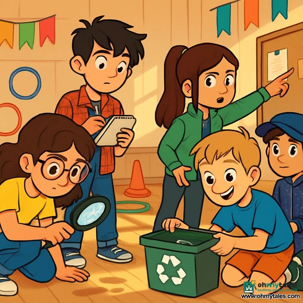 There are 5 characters: Mia, a 12-year-old girl with curly brown hair and round glasses, wearing a bright yellow t-shirt and blue jeans, crouching and examining dust traces on the floor with a magnifying glass; Theo, a 12-year-old boy with messy black hair and a red checkered shirt, standing slightly back with a notebook in one hand and a pen in the other, taking notes while observing his friends; Jasmine, a 12-year-old girl with long, smooth hair tied in a ponytail, wearing a green jacket and black pants, pointing at a bulletin board with a focused expression; Leo, a 12-year-old boy with blonde hair and a big smile, wearing a blue t-shirt and shorts, kneeling and rummaging through a recycling box with curious eyes; and Dev, a 12-year-old boy with brown hair and a blue cap, dressed in a sequined musician's uniform, standing a bit back with a worried look while watching the group. The main setting is a spacious gym with polished wooden floors and walls decorated with colorful banners. Sports cones and hoops are scattered on the floor, and sunlight filters through large windows, creating bright patterns on the ground. The main situation shows the children in the middle of an investigation to find a lost whistle, carefully examining the floor, scrutinizing dust traces, and discussing among themselves, each contributing ideas and discoveries in an atmosphere of mystery and excitement.