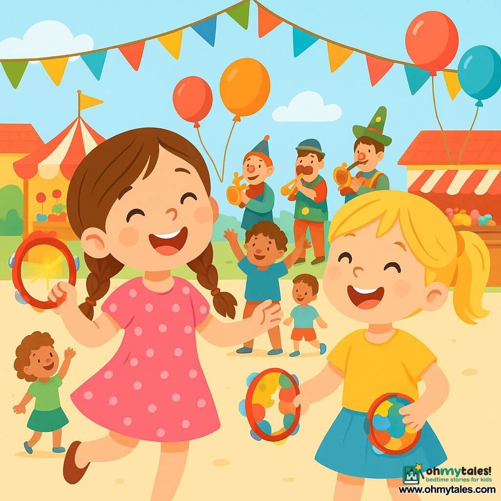 There are two main characters: - Lily: a 6-year-old girl with long brown hair in braids, wearing a pink dress with white polka dots. She is joyfully dancing while holding a sparkling tambourine in her right hand. - Mia: a 5-year-old girl with a blonde ponytail, dressed in a blue skirt and a yellow t-shirt. She is laughing and shaking her colorful tambourine, standing next to Lily. The main setting is a lively village square decorated with colorful garlands and floating balloons. Brightly colored candy stands surround the scene, while a group of musicians in funny costumes plays lively music. Children are dancing and laughing around them, creating a festive and joyful atmosphere. The main situation shows Lily and Mia, their eyes sparkling with happiness, playing their tambourines in the crowd. They are surrounded by laughter and music, while people dance and clap, creating a magical and playful ambiance.