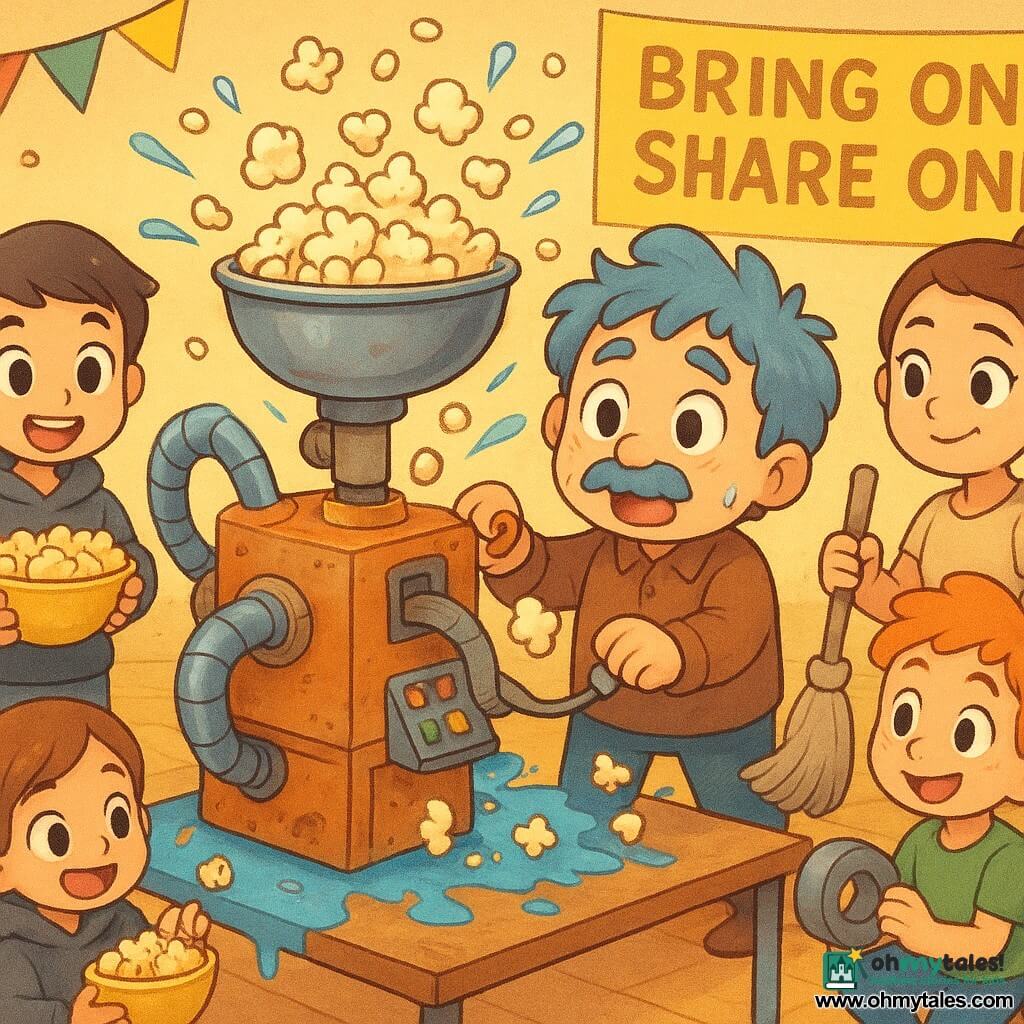 Milo is an inventive man with a round face, thin mustache and tousled bluish-gray hair, looking adorably panicked with bright eyes while pulling a wooden lever on a chaotic Snack Sharer 3000; Ms. Ramires, a 30–40-year-old woman with hair in a bun and an amused-exasperated expression, holds a mop near an overturned table; a hooded boy (~12) with an enthusiastic smile holds a bowl for popcorn to the left of the machine; a girl (~11) with a braid and mischievous eyes reaches to help from just behind Milo; a redheaded freckled boy (~10) kneels by the machine base with a roll of tape; Sir Pickles, a gray tabby cat with green eyes, sits on a table looking surprised and dusted with popcorn; the community center multipurpose room has shiny wooden floors, colorful paper garlands, folding tables with snack bowls and a “BRING ONE, SHARE ONE” poster; the cartoonish metal-and-cardboard machine with pipe flanges, a big top bucket and toy keypad spews cascading popcorn and blue juice splashes while kids laugh, exaggerated motion lines emphasize joyful chaos; bright warm palette (warm yellows, light blues, reds, pastels), soft warm lighting, light shadows, paper/cardboard/aged-metal textures, cute chibi style with thick lines, rounded proportions and exaggerated expressions, composition centered on the machine and Milo, high energy and visual humor.