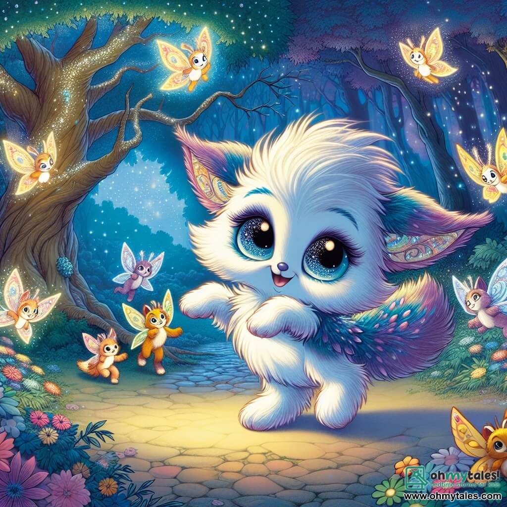 In a magical forest, Twinkle, a small fluffy creature in blue and purple, with big sparkling eyes and a feathered tail, dances joyfully under a starry sky, her face lit by a hopeful smile despite a hint of sadness in her eyes. Nearby, a group of cheerful colorful butterflies with shimmering wings flutters around her, expressing support and comfort as a gentle breeze caresses their wings. The enchanting setting features a majestic oak tree with gnarled branches and golden leaves at its center, surrounded by vibrant flowers forming a garden of memories, illuminated by the light of twinkling stars in the night sky. The main scene shows Twinkle dancing gracefully, celebrating the memory of her friend Grandfather Oak while sharing joyful stories with her friends, creating an atmosphere of warmth and nostalgia where sadness intertwines with the joy of memories.