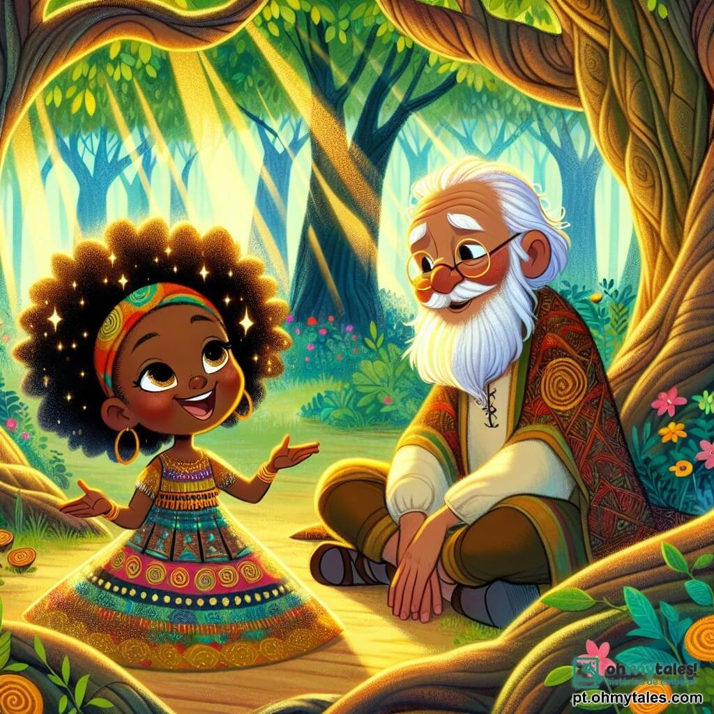 Nia, uma jovem com cabelos negros como a noite e olhos brilhantes como estrelas, está no centro do palco, com um sorriso radiante no rosto e os braços abertos, como se estivesse acolhendo o mundo. Ela usa um vestido colorido com padrões africanos, e sua expressão revela grande alegria e curiosidade insaciável. Ao seu lado, um velho sábio, um homem de cerca de 70 anos, com uma longa barba branca e rugas que contam histórias, está sentado sob uma grande árvore. Ele veste uma túnica tradicional e observa Nia com benevolência, um leve sorriso nos lábios, como se estivesse orgulhoso de seu aprendizado. O cenário é um magnífico bosque mágico, onde as árvores de troncos grossos e folhagens densas se entrelaçam, deixando passar raios de luz dourada. Flores coloridas e pássaros de penas vibrantes acrescentam um toque de magia ao ambiente. A cena principal mostra Nia ouvindo atentamente os ensinamentos do sábio sobre a magia da comunidade, cercada por uma atmosfera de paz e sabedoria, enquanto os raios de sol filtram através das folhas, criando um encantador jogo de sombras e luzes.