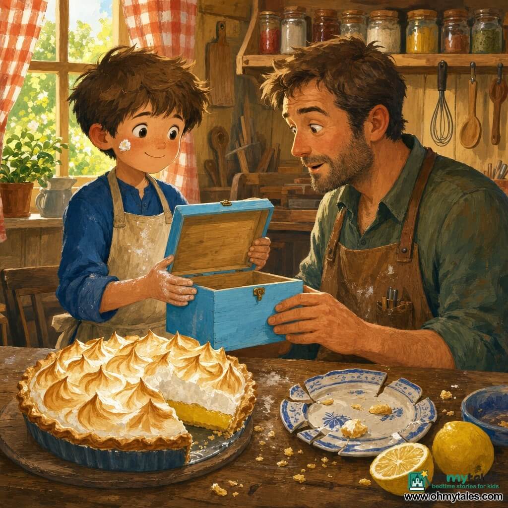 A 10-year-old boy with a round face, messy brown hair, bright eyes and a shy proud smile holds a small sky-blue painted wooden box labeled "Hug Calendar"; he's wearing a flour-stained smock with a bit of meringue on his cheek and powdery flour on his hands. A man, the father, about 35–45 with short chestnut hair and light stubble in a dusty carpenter's apron, sits opposite with a tender, surprised look and one hand on the open box. On the worn wooden table sits a golden, cloudlike lemon meringue pie on a cracked plate with crumbs scattered like confetti. The warm kitchen-workshop has wooden boards, spice jars, utensils hanging on the wall and soft morning light through a checkered curtain, creating an intimate, warm-toned scene.