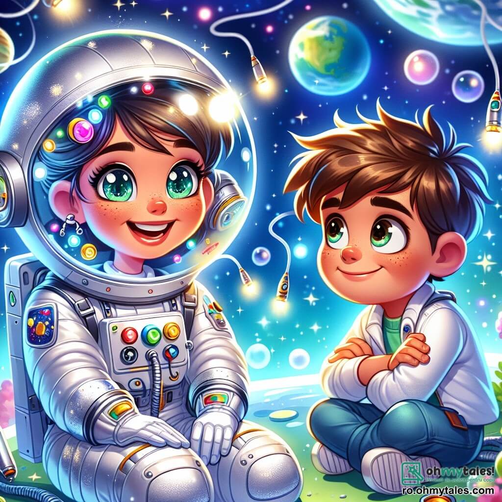 O femeie astronaută pe nume Ana, cu un zâmbet radiant și ochi strălucitori de excitație, plutește în spațiu, purtând un costum spațial alb și strălucitor, împodobit cu numeroase unelte în buzunare. Lângă ea, un băiat de 8 ani, pe nume Andrei, cu părul brun în dezordine și o privire uimită, o observă atent pe Ana, cu brațele încrucișate, plutind ușor în propriul său costum spațial mic. Fundalul este un cer înstelat, cu planete colorate și o Pământ albastră și verde în spate, iluminată de lumina soarelui. Situația principală o arată pe Ana explicându-i lui Andrei cum a reparat sistemul de oxigen al navei lor spațiale, înconjurată de bule de aer flotante și unelte strălucitoare care dansează în jurul lor în imponderabilitate.