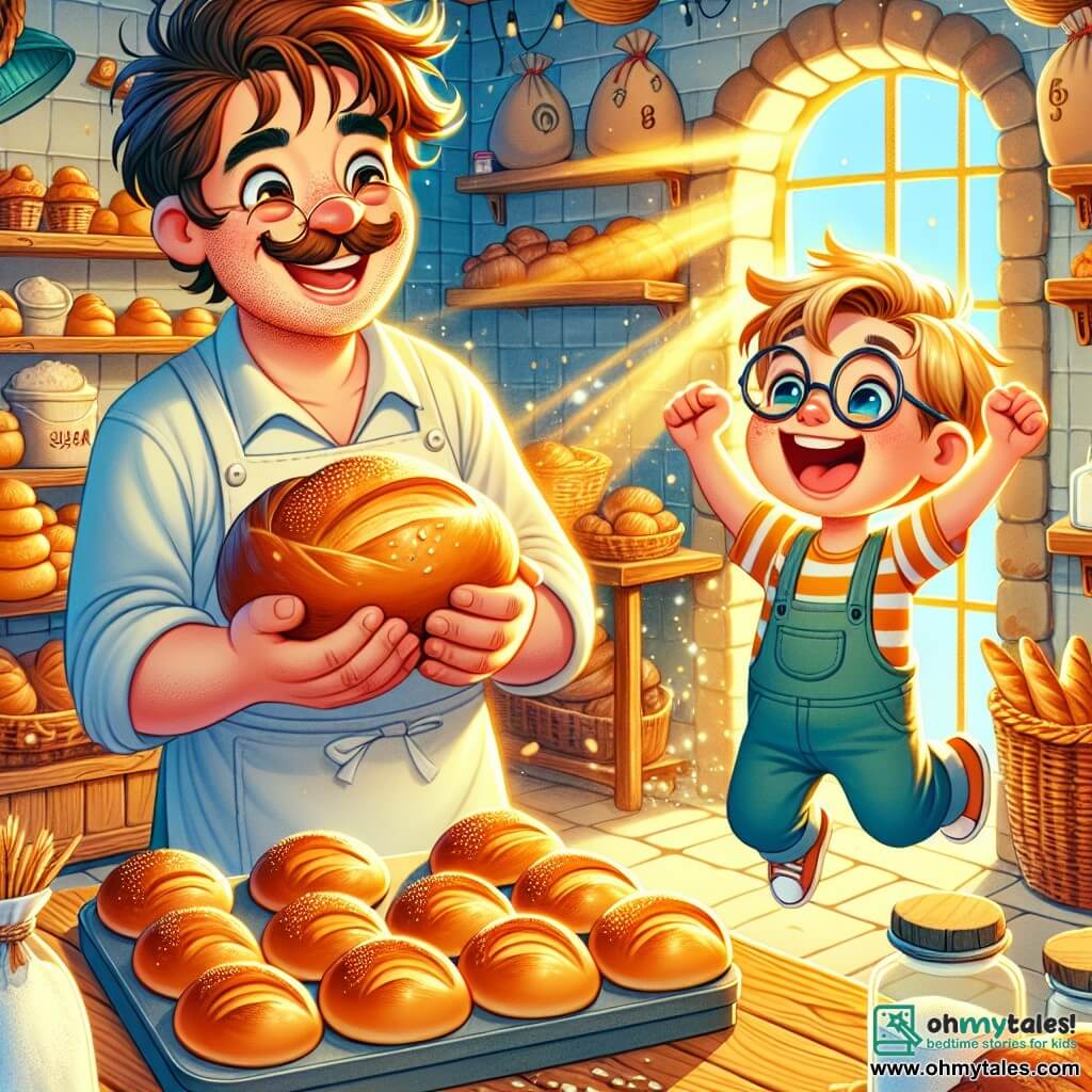 A smiling man, Mr. Baker, stands in a cozy bakery with messy brown hair and a white apron. He has sparkling eyes and rosy cheeks as he proudly shows off golden rolls fresh from the oven. Next to him, a 7-year-old boy, Charlie, with blonde hair and round glasses, jumps for joy, holding a roll in his hands and beaming. The bakery is filled with bags of flour, jars of sugar, and delicious pastries displayed on wooden shelves. The atmosphere is cheerful and welcoming, with sunlight streaming through the window, illuminating the decor. In this scene, Mr. Baker and Charlie celebrate their first batch of rolls together, surrounded by the enticing smell of fresh bread.