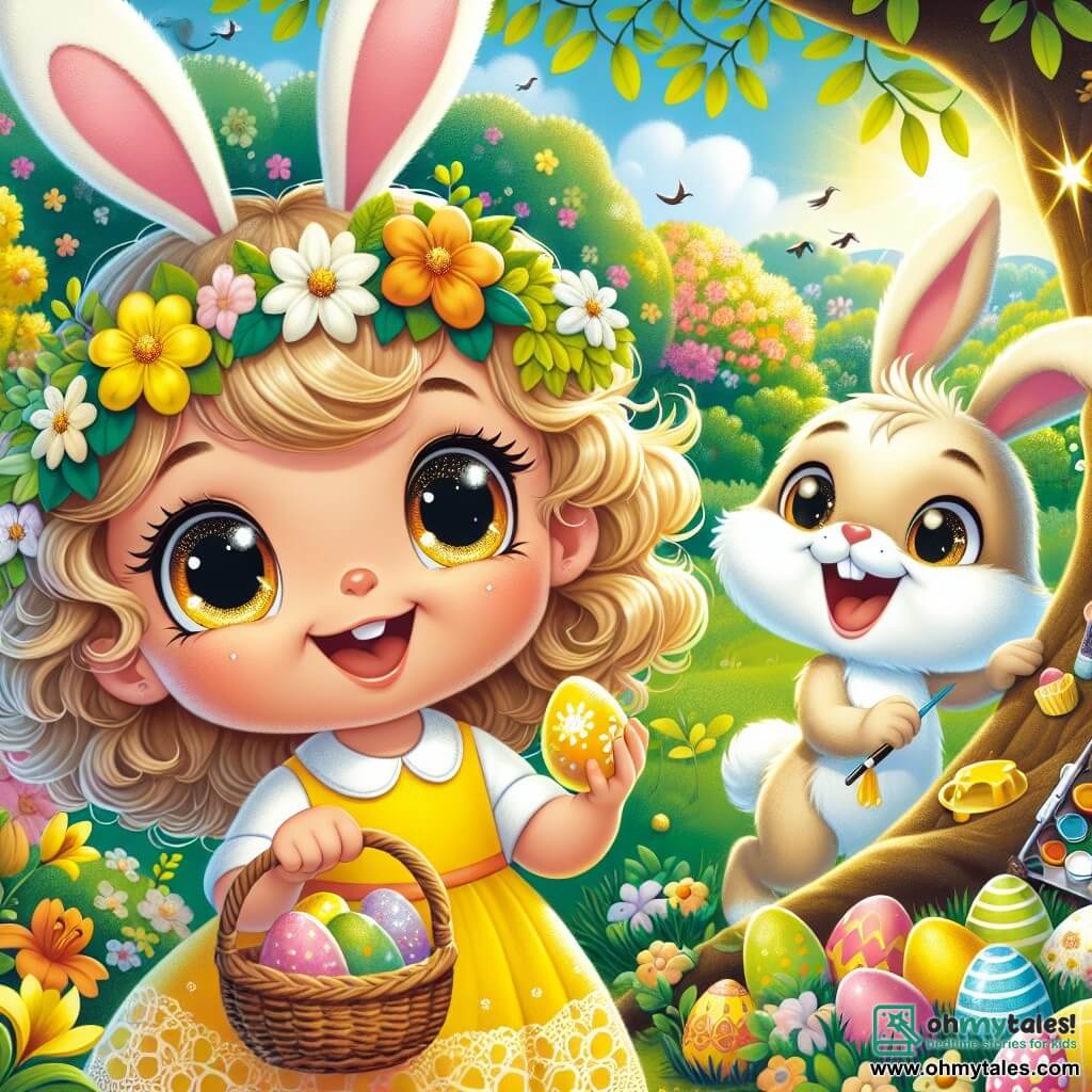 A 4-year-old girl named Lily, with big sparkling eyes and curly blonde hair, wears a bright yellow dress and felt bunny ears. She is full of joy and excitement, holding a small wicker basket filled with colorful eggs while gazing in wonder at a shiny golden egg under a large tree. Next to her is Benny, the Easter Bunny, an adorable white rabbit with fluffy fur and mischievous eyes. He smiles widely, holding a paint palette and brush, ready to paint eggs. The setting is a sunny garden filled with colorful flowers, blooming trees, and sunlight filtering through the leaves. Small birds sing in the branches, adding a touch of magic to the atmosphere. The main scene shows Lily discovering the golden egg shining under the tree, while Benny encourages her with a warm smile, creating a joyful and magical Easter moment.