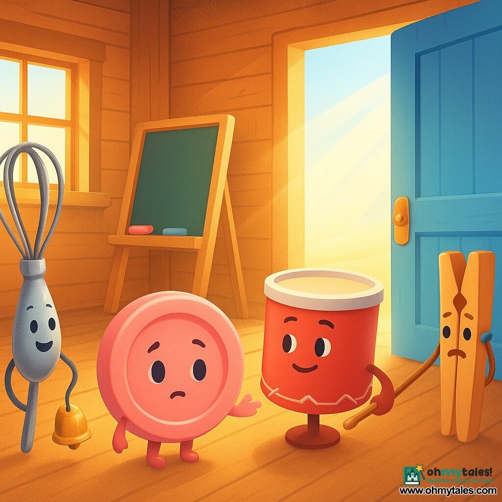 The main character is Button, a small round pale-pink plastic button with four black holes, a shiny texture and soft highlights, shy but determined, rolling slightly forward and reaching a tiny imaginary hand toward a doorbell rope. Secondary Whisk is a shiny silver kitchen whisk with bright strands and a playful expression, gently pulling the bell rope near the window, positioned left of Button. Secondary Drum is a red metal drum with white stitching, proud yet gentle, making a small boop with its drumstick behind Button to the right. Secondary Peg is a light-brown wooden clothespin, tense but caring, holding the window ajar just behind Whisk. The blue door is a large sky-blue painted wooden door with polished brass handles and small paint cracks, blown wide open by a gust of air in the background center. The setting is the interior of a warm barn with textured wooden planks, a wide oak table, a slanted chalkboard with colored chalk, golden light beams and floating dust. The scene captures the moment the bell rings as invisible wind enters through the window and pushes the blue door open, creating an atmosphere of joy and surprise with bright colors, soft contrasts and rounded shadows emphasizing movement.