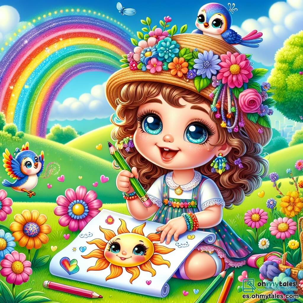 Una niña de 3 años, Clara, con ojos brillantes y cabello rizado, lleva una gorra colorida. Está sentada en la hierba verde, sonriendo y sosteniendo crayones en sus manos. Clara dibuja un sol con alas, rodeada de flores que parecen bailar. A su lado, un pequeño pájaro azul vuela alegremente, observándola con curiosidad. El escenario es una colina verde en un parque, bajo un cielo azul brillante, con un gran arcoíris en el horizonte. Clara, llena de entusiasmo, dibuja su mejor obra, con colores vivos y elementos fantásticos, ilustrando el tema de los desafíos imposibles convertidos en aventuras alegres.