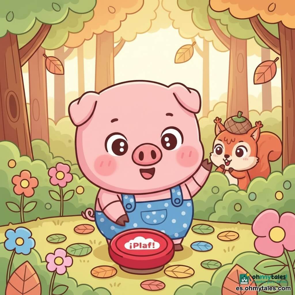 Un pequeño cerdito rosa, redondo y sonriente, con mejillas sonrosadas y una pata alzada hacia un botón rojo con un dibujo de nube y la palabra PLOP, viste una peto azul de lunares blancos; detrás, una ardilla roja con mirada traviesa y un sombrero de bellota observa desde un arbusto; todo en un bosque de árboles abultados, flores pastel y caminos de musgo, con colores suaves y contornos gruesos que transmiten alegría y sorpresa.