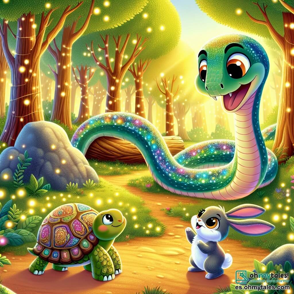 Un serpiente colorido llamado Sisel, con escamas brillantes como un arcoíris, se desliza entusiasmado a través de un claro encantado, sus grandes ojos curiosos brillando de emoción. A su lado, un alegre conejito llamado Brinco, con largas orejas y suave pelaje, salta felizmente, sus ojos brillando de curiosidad, mientras que una sabia tortuga llamada Tula, con un caparazón adornado con delicados patrones, avanza lenta pero seguramente, observando el camino con una sonrisa benevolente. El lugar es un claro bañado en luz dorada, rodeado de grandes árboles con hojas verdes brillantes, donde luciérnagas bailan en el aire, creando una atmósfera mágica y acogedora. La situación principal muestra a Sisel y sus amigos descubriendo una gran roca antigua, sobre la cual descansa un espejo brillante, simbolizando el tesoro que buscan, mientras una suave brisa hace danzar las hojas a su alrededor, añadiendo un toque de misterio a su aventura.