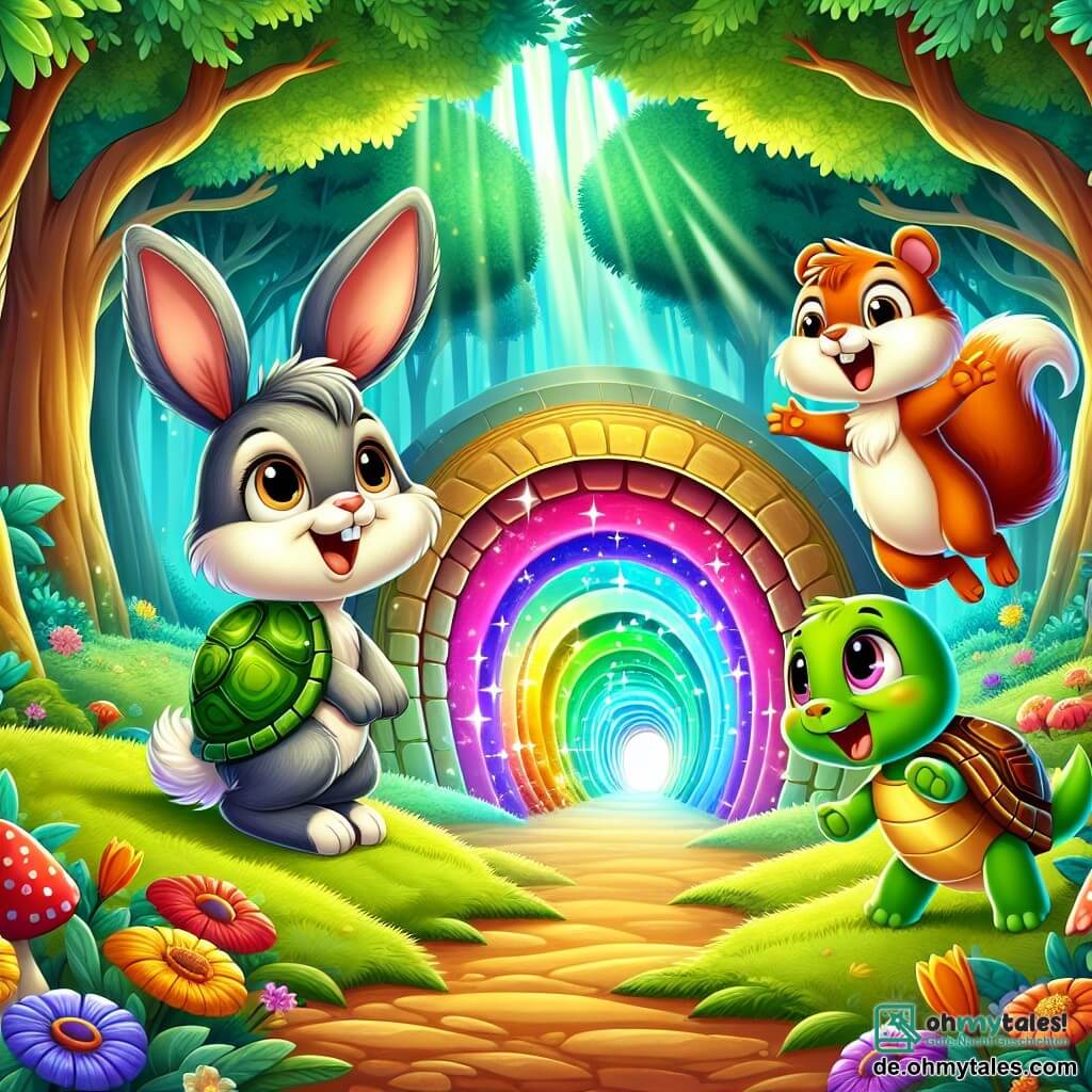 Ein kleiner Hase namens Felix mit großen grauen Ohren und neugierigen funkelnden Augen steht im Mittelpunkt des Bildes, fasziniert von einem magischen Tunnel, der in leuchtenden Farben strahlt. Neben ihm schaut eine fröhliche Schildkröte namens Tilly mit buntem Panzer und freundlichem Lächeln fasziniert auf den Tunnel. Ein schelmisches Eichhörnchen namens Max mit rotem Fell und buschigem Schwanz springt vor Aufregung mit erhobenen Armen und ist bereit für das Abenteuer. Der Ort ist ein wunderschöner, grüner Wald mit majestätischen Bäumen, leuchtenden Blumen und Sonnenstrahlen, die durch die Blätter filtern und den geheimnisvollen Tunnel erleuchten, der sie zu rufen scheint. Die Hauptsituation zeigt die drei Freunde, voller Begeisterung und Neugier, bereit, in den magischen Tunnel einzutreten, der sie zu außergewöhnlichen Abenteuern durch die Zeit führen wird.