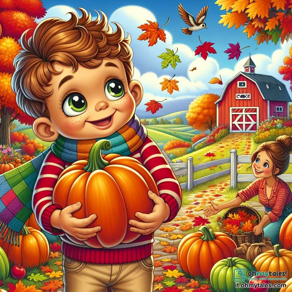 Un bambino di 2 anni, di nome Luca, con grandi occhi brillanti e capelli castani ricci, sorride felicemente tenendo una grossa zucca arancione tra le braccia. Indossa un maglione rosso a righe e pantaloni beige, circondato da foglie autunnali colorate che cadono attorno a lui. Accanto a lui, la mamma, una donna di circa 30 anni con lunghi capelli castani raccolti in uno chignon, sorride guardando il figlio. Indossa un leggero cappotto e una sciarpa colorata, mentre raccoglie foglie da mostrare a Luca. La scena si svolge in una bella fattoria in autunno, con alberi dalle foglie rosse, gialle e arancioni, un cielo azzurro chiaro e un grande cortile pieno di zucche e mele. Si vede un fienile rosso sullo sfondo e uccelli che volano nel cielo. Luca e la sua mamma stanno godendo una giornata di sole in fattoria, scegliendo una zucca per fare una lanterna, mentre foglie colorate danzano attorno a loro, creando un'atmosfera magica e gioiosa.