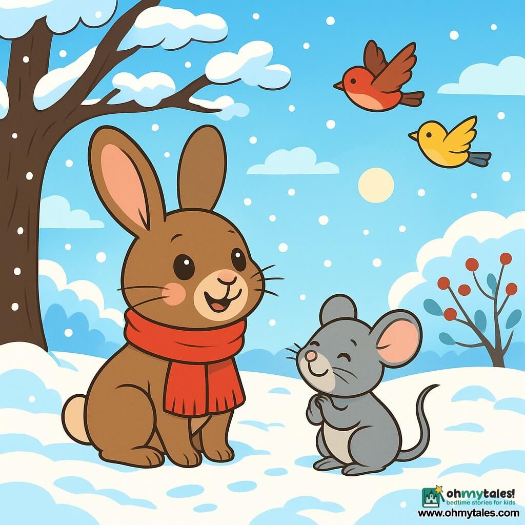 A small brown rabbit named Hazel, with big soft ears and curious eyes, happily stands in a snowy garden, her cheeks rosy from the cold. She wears a bright red scarf that contrasts with the bright white snow, smiling as she looks at the magical landscape around her. Nearby, a small gray mouse named Midge, with silky fur and sparkling eyes, rubs her paws to warm up, showing an expression of gratitude and happiness. She stands right next to Hazel, ready to explore the garden. The garden is covered in a thick layer of sparkling snow, with snowflakes gently falling from the branches of an old apple tree. The sky is pastel blue, dotted with light clouds, and the winter sun shines faintly, creating soft shadows on the ground. The main scene shows Hazel and Midge discovering the beauty of winter, surrounded by enchanting landscapes, with footprints in the snow and colorful birds flying above them.