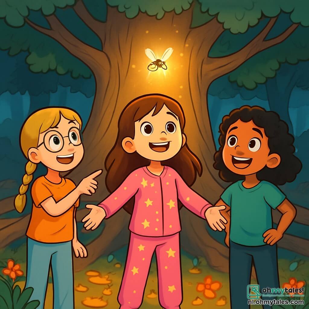 Er zijn 3 personages: - Lara: een 10-jarig meisje met lang bruin haar en sprankelende ogen. Ze draagt een roze pyjama met sterren en staat in het midden met open armen, alsof ze het avontuur verwelkomt. - Emma: een 9-jarig meisje met blonde vlechten en ronde brillen. Ze staat links van Lara en wijst naar de dansende lichtgevende vuurvlieg in de lucht. - Noor: een 10-jarig meisje met krullend zwart haar en een stralende glimlach. Ze staat rechts van Lara met haar handen op haar heupen en kijkt verwonderd naar de magische scène om hen heen. De locatie is aan de voet van een enorme majestueuze boom, waarvan de takken zich uitstrekken als beschermende armen. De grond is bedekt met gouden bladeren en kleurrijke bloemen, terwijl een zachte gouden gloed van de vuurvlieg boven hen straalt en de gezichten van de meisjes verlicht. Op de achtergrond kronkelen dikke wortels door de aarde en creëren ze een verwelkomende en mysterieuze ruimte. De belangrijkste situatie toont de drie vriendinnen die verwonderd zijn door de magie van de vuurvlieg die hen uitnodigt om haar lichtgevende pad te volgen, terwijl ze samen staan, klaar om de betoverende wereld die zich voor hen opent te verkennen.