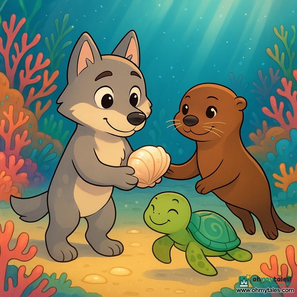 Lumo, a small anthropomorphic wolf with a gentle face, round bright eyes and light gray fur with cream patches, holds a nacreous shell delicately in his paws, floating slightly above the sand; Miri, a smooth brown sea otter with mischievous eyes and quivering whiskers, swims beside him holding his paw and has a small sparkling air bubble near her head; Pebble, a small sea turtle with a translucent green spiral-patterned shell and a relieved smile, floats before Lumo receiving the shell near a coral recess; they stand in a calm pocket of water amid a dense colorful coral garden—pink, orange and blue branches, soft anemones, swaying green sea grass and glowing stones forming a luminous path—striped light falls, fine bubbles rise and bioluminescent creatures shimmer around.
