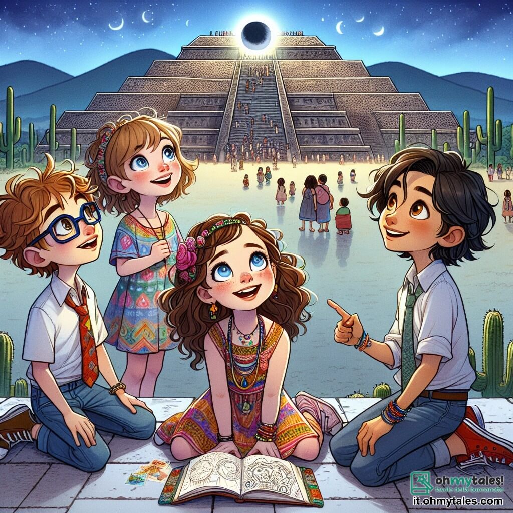 In primo piano, quattro bambini si trovano sulla maestosa Piramide del Sole a Teotihuacan. Sofia, una ragazza di 12 anni con capelli ricci castani e occhi brillanti, guarda il cielo con meraviglia, sorridendo. Alla sua sinistra, Luca, un ragazzo di 11 anni con occhiali e capelli biondi spettinati, indica l'eclissi lunare che inizia a formarsi. A destra, Giulia, una ragazza di 12 anni con capelli lunghi e lisci, indossa un vestito colorato e tiene un quaderno da disegno, pronta a catturare questo momento magico. Infine, Marco, un ragazzo di 11 anni con capelli neri e corti, è seduto sui gradini della piramide, con gli occhi fissi sul cielo, visibilmente affascinato. Sullo sfondo, la piramide si erge maestosamente, circondata da paesaggi desertici con cactus e piccoli fiori colorati. Il cielo è di un blu profondo, mentre la luna inizia a coprirsi di un'ombra misteriosa, creando un'atmosfera magica. I bambini, meravigliati, osservano l'eclissi lunare, un momento di scoperta e avventura che li unisce nella loro esplorazione delle antiche leggende e delle meraviglie del mondo.