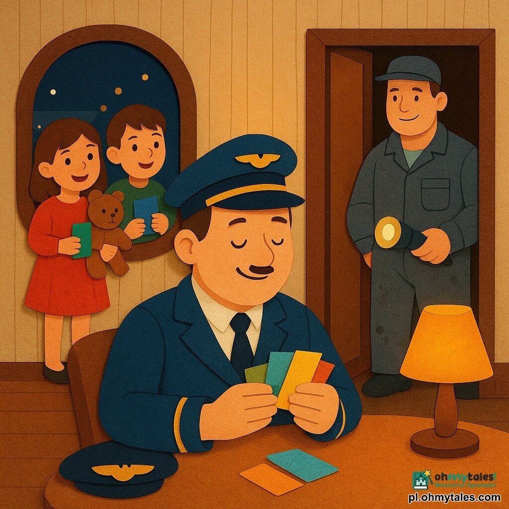 Uśmiechnięty, spokojny pilot o okrągłej twarzy i cienkich wąsach w niebieskiej kurtce, z czapką obok, trzyma kolorowe kartki i je czyta; stewardesa około 30 lat, kasztanowe włosy w koku, kremowy mundur stoi w drzwiach małego pomieszczenia i uśmiecha się do pilota; mechanik około 35 lat, krępa sylwetka, szara, oliwią poplamiona ogrodniczka, trzyma lampę przy wejściu do korytarza w tle; dwoje dzieci — 6‑letnia dziewczynka w czerwonej sukience z misiem i 7‑letni chłopiec w zielonym swetrze — przez małe okienko patrzą na drzwi i pokazują swoje kartki; miejsce: mały firmowy pokój dla pilotów ze ścianami z jasnego drewna, ciepła lampka na okrągłym stoliku, okrągłe okno na światła lotniska; scena: spokojny moment po lotie, pilot czyta pytania dzieci, ciepła atmosfera, miękkie światło, kompozycje w płaskich, kontrastowych warstwach jak w papierowym wycinance, żywe kolory, widoczne tekstury, ostre sylwetki i wycięte krawędzie.