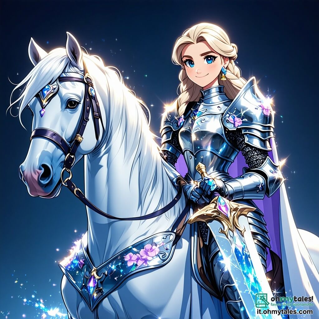 La principessa Elira, una giovane coraggiosa di circa 16 anni, è fiera sul suo destriero Arion, un magnifico cavallo con criniera argentata che brilla al sole. Indossa un'armatura scintillante decorata con motivi floreali, e il suo viso esprime una determinazione ardente, con occhi blu profondi che riflettono il suo coraggio. Nella sua mano brandisce un'arma scintillante, pronta per l'avventura. Accanto a lei, la saggia Isil, una donna anziana dai capelli argentati e dal viso rugoso, osserva attentamente la mappa magica che tiene. Indossa un lungo abito fluttuante, punteggiato di stelle dorate, e il suo sguardo è carico di saggezza e preoccupazione. Si tiene leggermente indietro, offrendo consigli a Elira. Il contesto è una radura verdeggiante, circondata da maestose montagne con cime innevate, dove la luce del sole filtra tra le foglie degli alberi. Fiori colorati punteggiano il terreno, e una leggera nebbia aleggia, aggiungendo un tocco di mistero all'atmosfera. La situazione principale mostra Elira, pronta a lanciarsi nell'ignoto, determinata a trovare la leggendaria Corona di Fuoco per salvare suo padre e il suo regno dalle grinfie del drago Tharagon.