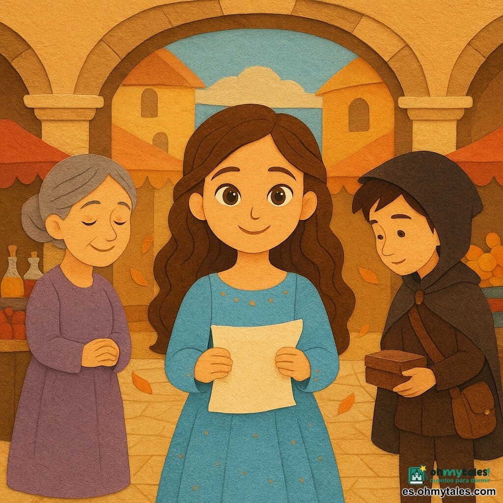 Princesa Lía (niña) en el centro, rostro luminoso y sonrisa dulce, ojos miel, vestido celeste de papel texturado con pequeñas bordaduras doradas, sostiene un delicado pergamino blanco y mira al lector con orgullo y gratitud; a la izquierda Doña Brina (mujer de ~60 años) con moño gris, vestido lavanda y manos juntas, sonriendo junto a un puesto de perfumes coloridos; a la derecha un mensajero (niño de ~12 años) con capa marrón y bolsa al hombro se inclina ligeramente sosteniendo una pequeña caja cerrada, detrás de la princesa en señal de respeto; mercado bajo arcos de piedra ocre con columnas esculpidas, faroles colgantes, puestos con manzanas rojas, telas brillantes y ramos de naranjos, suelo empedrado beige con motivos geométricos; brisa indicada por cintas de papel que levantan una esquina del pergamino y hojas naranjas en movimiento; ambiente de tarde con luz suave, sombras largas, colores cálidos (ocre, celeste, lavanda, rojo manzana) y texturas de papel rasgado visibles; composición centrada, estilo papel recortado con contornos nítidos, capas visibles, formas simples y contrastes marcados, expresión clara y accesible para niños de 6 años.