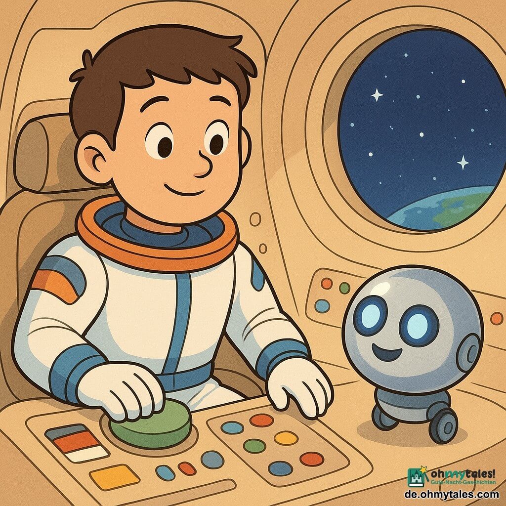 Ein junger lächelnder Mann mit kurzen braunen Haaren und ausdrucksvollen runden Augen in weiß-blauem Raumanzug mit orangen Details sitzt in einem kleinen runden Cockpit und drückt auf einen großen grünen Knopf, mit ruhigem, staunendem Gesichtsausdruck; ein kleiner kugelförmiger Roboter namens Pip, ballongroß, metallisch glänzend mit blauen LED-Augen, rollt blinkend freudig rechts neben dem Sitz; das warme, kompakte Raumschiffinnere hat cremefarbene Wände, ein breites rundes Bullauge zeigt den Weltraum mit funkelnden Sternen und der blauen Erde, bunte Knöpfe und Leuchten sowie eine befestigte kleine Flagge und Wasserflasche; die Szene zeigt einen ruhigen, sicheren Start ins sternenübersäte All in pastellfarbenen Tönen, klare Linien und abgerundete Konturen.