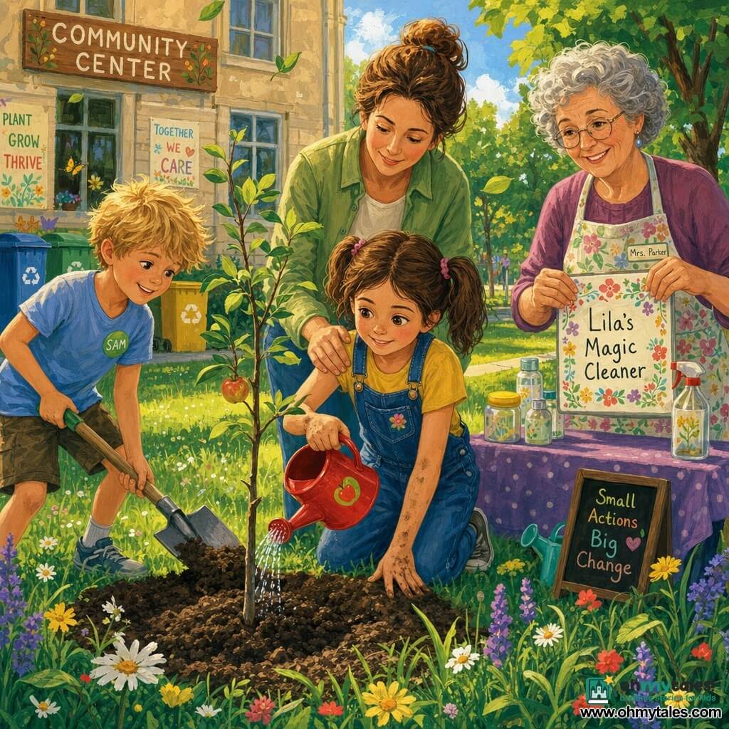 An 8-year-old girl with brown pigtails, bright brown eyes, a determined smile and slightly dirty hands kneels pouring water from a small red watering can onto a young apple tree, while her mother (about 35, chestnut hair in a bun, light green jacket) stands behind with a hand on her shoulder, a proud gentle expression; to the left a boy named Sam (about 8, messy blond hair, green badge) holds a small trowel helping fill soil; to the right Mrs. Parker (about 60, curly gray hair, floral apron) smiles and shows a label reading Lila’s Magic Cleaner near a table; the scene is a simple joyful sapling-planting ceremony in a sunny park behind a community center with a green lawn dotted with wildflowers, a dark planting hole, old center windows and colorful recycling bins in the background, fresh brown soil, a shiny watering can, leaves rustling in a golden early-afternoon light, rendered in a childlike acrylic painting style with bright colors, soft strokes and visible brush textures conveying a warm, serene atmosphere.