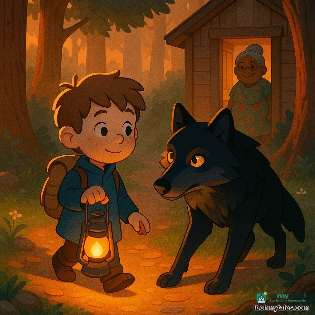 Ragazzo di 6 anni: Luca, sguardo determinato e dolce, viso rotondo con lentiggini, capelli castano chiaro spettinati, cappotto blu semplice e piccolo zaino di tela, tiene una lanterna di metallo che proietta luce calda dorata mentre avanza calmo su un sentiero illuminato; Personaggio secondario non umano: grande lupo cattivo, alto, pelliccia nera lucida con riflessi grigi, occhi color ambra brillanti e curiosi, postura mezza accovacciata e protettiva a pochi passi da Luca con il muso inclinato verso il bambino; Personaggio secondario umano: Nonna, donna di circa 70 anni, minuta e paffuta, capelli grigi raccolti in uno chignon, vestito a fiori, visibile in lontananza sulla soglia della sua casetta di legno che osserva la scena con un sorriso benevolo; Luogo: sentiero forestale al crepuscolo, foglie dorate a terra, alberi alti dai tronchi texturati, luce arancione del tramonto filtrante tra i rami, leggere brume al suolo, fiori selvatici e radici visibili; Situazione principale: incontro tenero ma teso sul sentiero illuminato, la lanterna di Luca illumina il muso del lupo, ombre lunghe e colorate, atmosfera magica e rassicurante, composizione incentrata sulla connessione tra il bambino e l'animale.