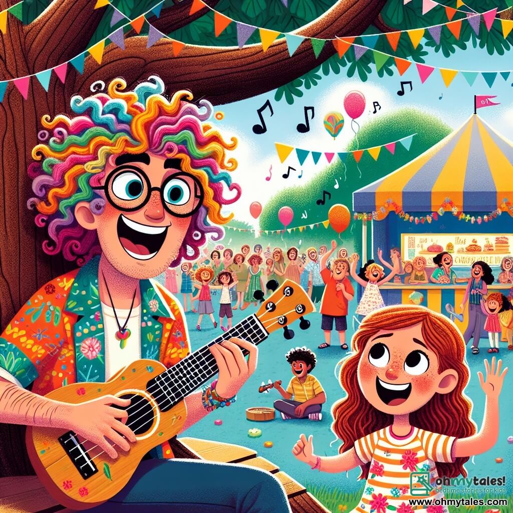 A man named Oliver, with curly, colorful hair, wears a vibrant patterned shirt and a wide smile, expressing contagious joy as he plays his ukulele under a large oak tree. Beside him, a twelve-year-old girl, Lily, with brown hair and round glasses, sits on a bench, her eyes sparkling with excitement as she enthusiastically sings, keeping the beat with her hands. The scene takes place in a lively square in the city of Harmonyville, decorated with colorful garlands and filled with families and children laughing and dancing around them, with food stalls and balloons floating in the blue sky. The main focus shows Oliver and Lily playing together, captivating a joyful audience while musical notes float around them, creating a magical atmosphere of sharing and happiness.