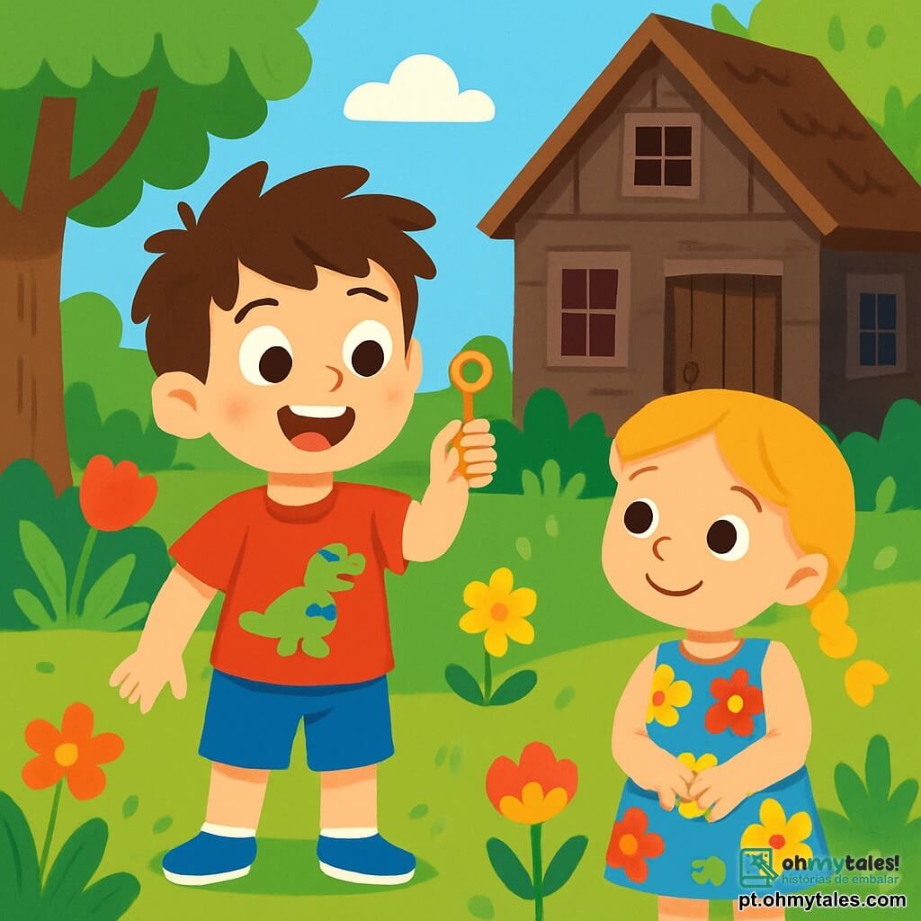 Um menino de 4 anos, Miguel, com cabelos castanhos bagunçados e olhos brilhantes de curiosidade, está em um jardim verdejante. Ele usa uma camiseta vermelha com um desenho de dinossauro e um short azul, segurando uma pequena chave dourada na mão, seu rosto radiante de excitação e admiração. Perto dele, sua melhor amiga, Sofia, uma menina de 4 anos com cabelos loiros trançados e um vestido de flores coloridas, observa Miguel com um sorriso encorajador, pronta para ajudá-lo em sua investigação. O local é um jardim ensolarado, cheio de flores coloridas e árvores frondosas, com uma velha casa de madeira, de aspecto misterioso, ao fundo, com janelas empoeiradas e uma porta de madeira desgastada. A situação principal mostra Miguel, intrigado, se aproximando da casa, segurando a chave dourada, enquanto Sofia o incentiva a descobrir o segredo escondido atrás da porta.