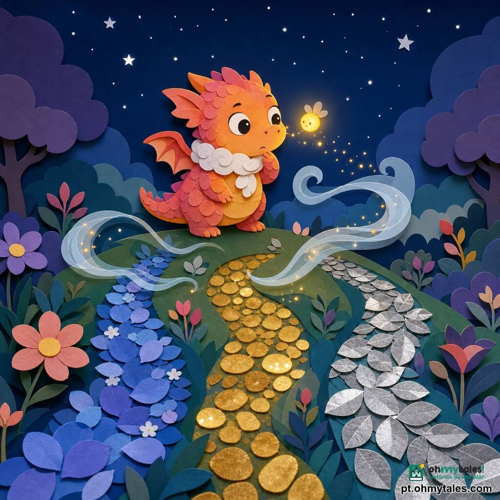 Um pequeno dragão chamado Lume, redondo e fofinho, escamas cor de pôr do sol rosa‑laranja, olhos grandes e curiosos, sorriso meigo, soprando pequenas faíscas brilhantes como vagalumes; ele usa um cachecol de nuvem e olha, franzindo ligeiramente a testa, para três trilhas: uma de pétalas azuis, outra de pedrinhas douradas reluzentes e uma de folhas prateadas cintilantes. Um laço de vento translúcido e esbranquiçado ondula sobre o solo indicando os caminhos, e uma vaga‑lume amarela voa perto do seu focinho emitindo um brilho quente. O cenário é um jardim noturno chamado Jardim das Três Maravilhas, com céu azul‑escuro estrelado; Lume está no topo de uma colina suave, hesitante e curioso, prestes a escolher seu caminho em uma atmosfera doce e mágica.
