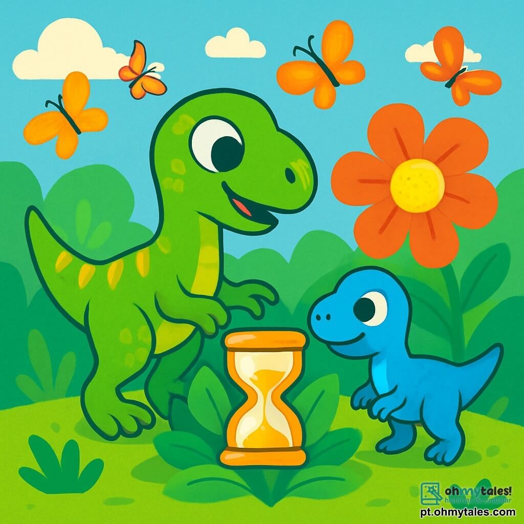 Um pequeno velociraptor chamado Tico, com escamas verdes brilhantes e olhos cheios de curiosidade, está em pé sobre suas patas traseiras, olhando para uma ampulheta dourada escondida entre as folhas. Ao seu lado, Dino, um dinossauro minúsculo e corajoso, com escamas azuis e um sorriso determinado, examina a ampulheta com atenção. Eles estão em um jardim pré-histórico vibrante, cheio de flores gigantes em cores vivas e borboletas cintilantes que voam ao redor deles. A cena principal mostra Tico e Dino, intrigados e animados, prontos para desvendar o mistério da ampulheta dourada que pode levá-los a uma nova aventura.