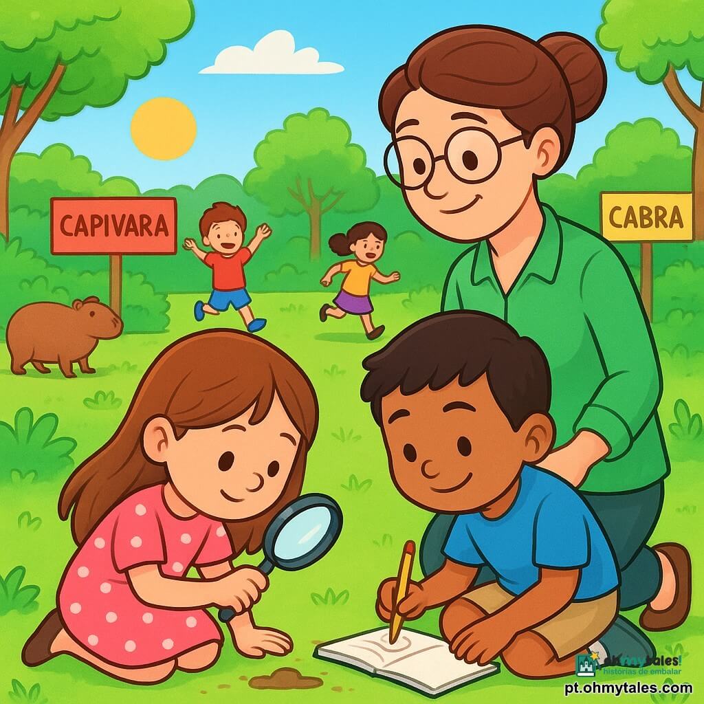 Há 3 personagens: - Ana: uma menina de 6 anos com cabelos longos e castanhos, vestindo um vestido rosa com bolinhas brancas, segurando uma lupa e olhando atentamente para o chão. - Miguel: um menino de 6 anos com cabelos curtos e pretos, vestindo uma camiseta azul e um short bege, agachado desenhando em um caderno com um lápis. - Sra. Lúcia: uma mulher adulta, a professora, com cabelos castanhos presos em um coque, usando óculos e um jaleco verde, sorrindo enquanto observa as crianças. O local é um zoológico pedagógico ensolarado, cheio de vegetação exuberante, com animais ao fundo, como capivaras e cabritos. Placas coloridas indicam os nomes dos animais, e crianças brincam alegremente ao redor. A situação principal mostra Ana e Miguel investigando, examinando pistas no chão, cercados por risadas de crianças e pela suave luz do sol, enquanto a Sra. Lúcia os observa com um sorriso gentil.