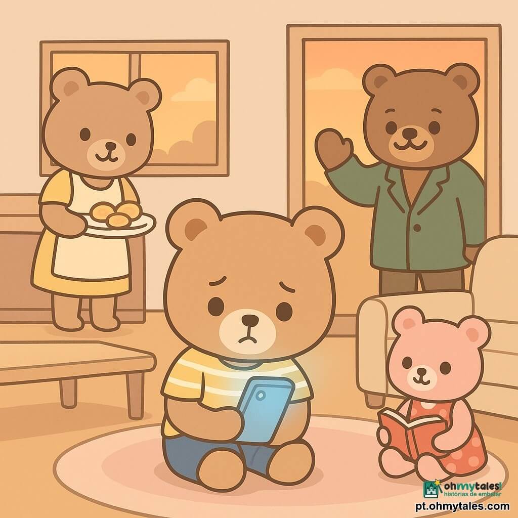 Bento, um ursinho de pelúcia marrom claro de oito anos com expressão melancólica, segura um smartphone luminoso na pata direita e alterna o olhar entre a tela e a janela; veste uma camiseta amarela às riscas e calção azul. A mãe, uma ursinha de olhar meigo, prepara pão de queijo na cozinha à esquerda e observa Bento com paciência. O pai, um urso alto e de bigode com casaco verde, está no batente à direita, sorrindo e levantando a mão como que propondo um passeio. A irmãzinha Lila, um ursinho rosa com vestido de bolinhas, está sentada no tapete com um livro vermelho aberto e olha Bento com esperança. Sala de estar calorosa e arrumada com sofá bege, tapete redondo em tons pastéis, mesa de centro em madeira clara e uma janela ampla mostrando um céu alaranjado de fim de tarde; a tela do smartphone emite luz azul intensa que contrasta com a luz dourada do pôr do sol; cena centrada em Bento, clima suave, cores pastéis saturadas, formas simples e expressão emocional clara, cena calma mas carregada de escolha.