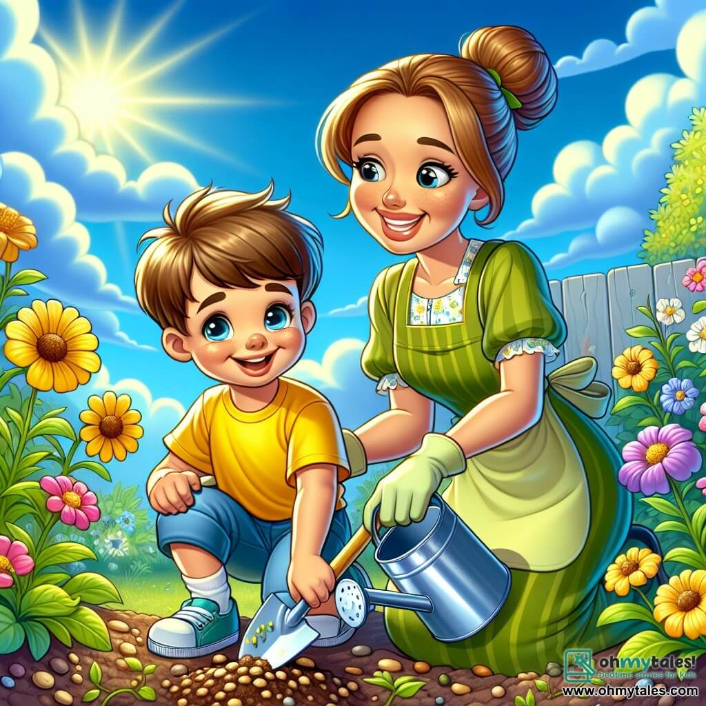 A 4-year-old boy named Sam, with messy brown hair and a big joyful smile, is crouched in a sunny garden holding a small shovel. He wears a bright yellow t-shirt and blue shorts, and his eyes sparkle with excitement as he plants flower seeds in the soil. Next to him, his mom, a woman in her 30s with brown hair in a bun, smiles tenderly while holding a watering can. She wears a green gardening apron and gloves, leaning slightly towards Sam to encourage him. The garden is lush with greenery, colorful flowers beginning to bloom, and trees with green leaves. The sky is bright blue with a few fluffy white clouds, and the sun shines, creating a warm and joyful atmosphere. The main scene shows Sam and his mom planting flower seeds together, filled with laughter and joy, symbolizing the start of spring and the magic of nature reborn.