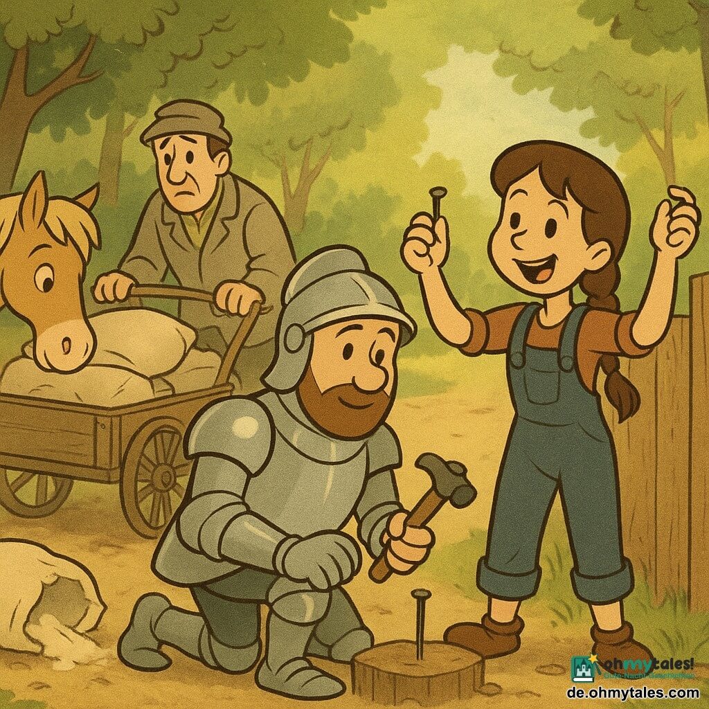 Ritter Sir Joran (ca. 35) mit kurzem Bart, freundlichem Gesicht und schlichter glänzender Rüstung kniet an einer groben Holzpalisade und schlägt mit einem kleinen Hammer einen Nagel ein; rechts von ihm steht Lina (ca. 12) mit geflochtenen braunen Haaren und Schmiedinnen-Latzhose, lächelt stolz und hält einen Eimer Nägel, während sie fröhlich "Halt, edler Nagel!" ruft; links Mokka, ein hellbraunes Pferd mit sanftem, neugierigem Blick, schnüffelt an einem gerissenen Mehlsack; im Hintergrund links der Müller (ca. 45) in staubiger Leinenjacke, besorgt aber erleichtert, schiebt einen umgekippten Holzwagen mit Mehlsäcken; Ort: sonniger Waldweg mit sichtbaren Brettern und Nägeln der Palisade, hohem Gras, Lichtflecken zwischen den Blättern, vereinzelt weiße Mehlsäcke und ein kleiner Reparaturholzstapel; Hauptsituation: helfende Gemeinschaft, Ritter und Lina reparieren die Palisade und stellen den Wagen wieder auf die Räder, konzentrierte, dann erleichterte Stimmung, feiner Mehlsstaub in der Luft.