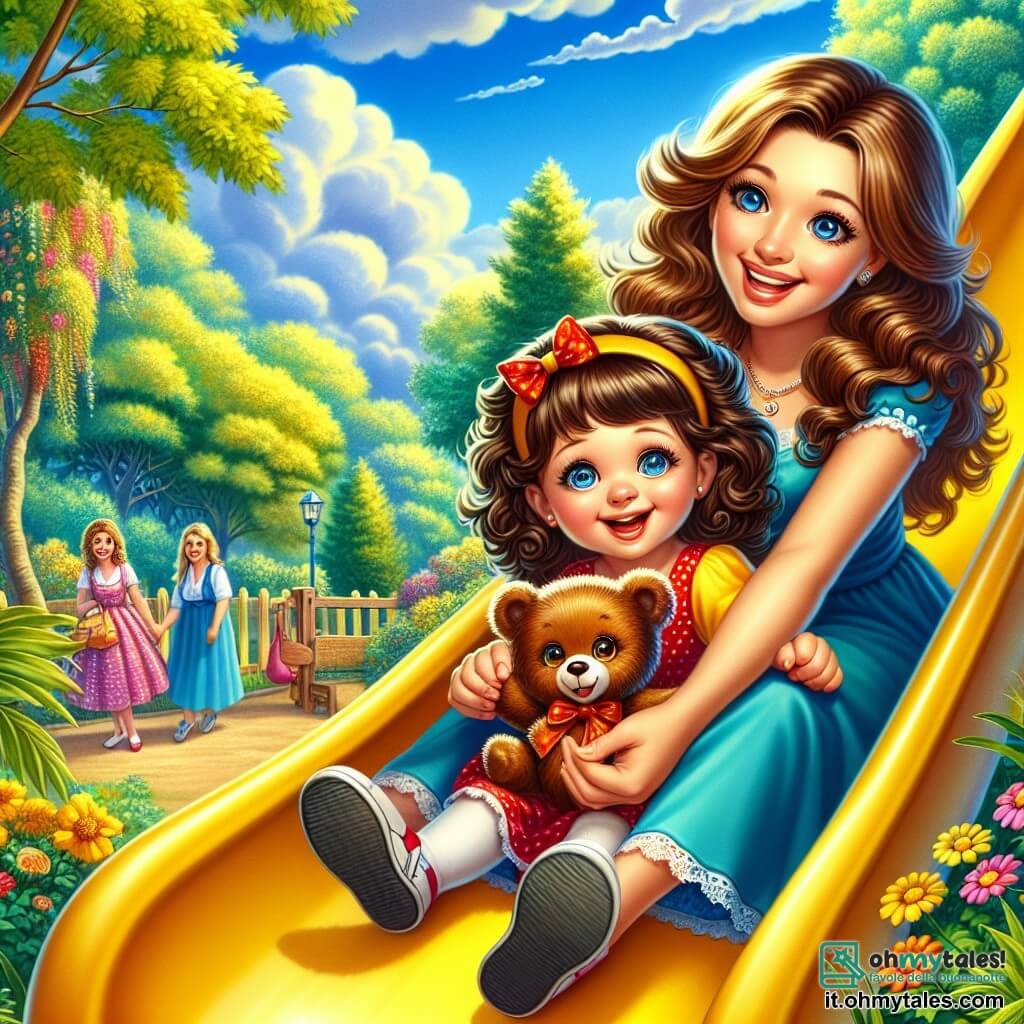 Una bambina di 6 anni, Sofia, con i capelli ricci e castani e gli occhi scintillanti, è seduta su un grande scivolo giallo, il suo viso radioso di gioia ed eccitazione. Tiene saldamente il suo orsacchiotto, Lino, un adorabile orso marrone con un fiocco rosso attorno al collo, che sembra anch'esso entusiasta. Accanto a lei, sua madre, una donna di circa trent'anni con capelli lunghi e castani, sorride calorosamente mentre tiene la mano di Sofia, pronta a incoraggiarla. Il parco è pieno di verde, con alberi dalle foglie brillanti e fiori colorati che danzano sotto la leggera brezza. Il cielo è di un blu intenso, punteggiato da alcune nuvole bianche e soffici. Sofia, un po' nervosa ma determinata, si prepara a scivolare sullo scivolo, mentre sua madre la incoraggia con un sorriso rassicurante. L'atmosfera è gioiosa e piena di colori vivaci, catturando il momento in cui Sofia supera la sua paura per divertirsi.
