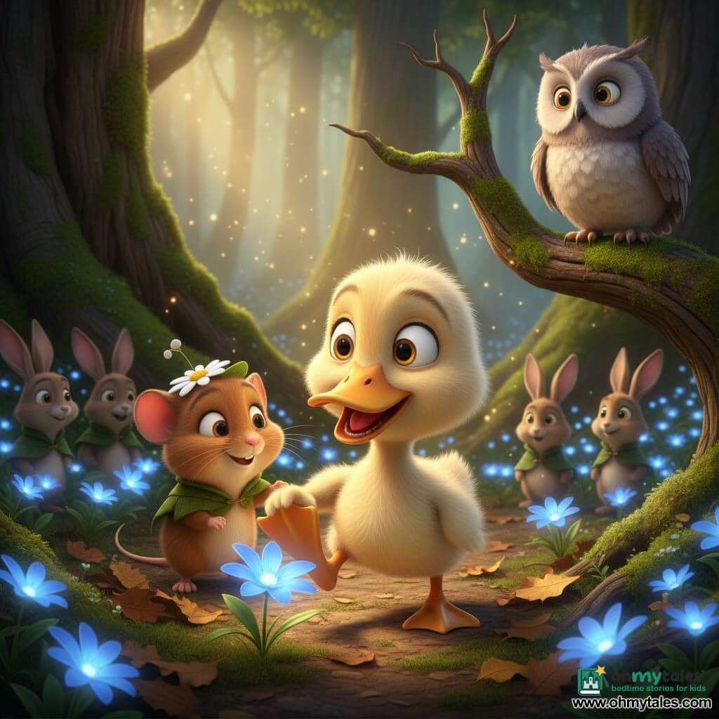 A small duck named Digby with fluffy cream and yellow-speckled feathers crouches with one foot on a glowing blue healing flower, eyes bright and beak slightly open in relief and wonder; a little dormouse named Lila with caramel fur and a daisy-petal hat stands just behind him to the left, smiling and holding his foot; a wise old moon-colored owl with folded wings and golden eyes watches from a high branch at the top right, while several leaf-caped bunnies form a semicircle in the background; the scene is a peaceful, warm moment in the heart of an ancient forest clearing with gnarled trunks, emerald moss, golden rays, and soft phosphorescent blue flowers and floating motes of light.