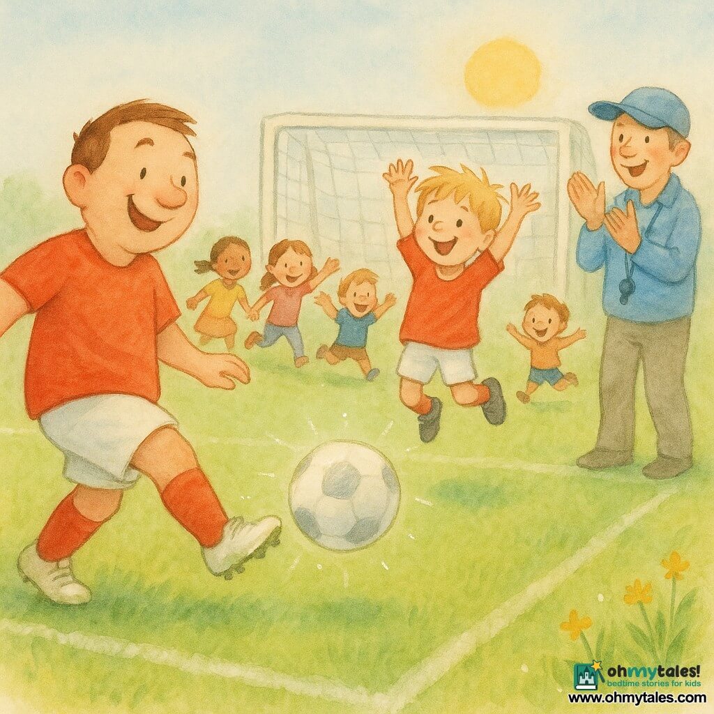 A round-faced man with a broad smile and short brown hair, wearing a bright red jersey and grass-stained white shoes, is making a precise right-footed pass as the shiny ball contacts his foot; an excited boy named Sam, about 8 with tousled blond hair, stands in front of the white metal goal with arms raised, striking the ball to score; a forty-year-old male coach at the sideline in a blue cap with a whistle claps and waves encouragingly; two girls and two boys (7–9) in the background applaud and run toward the players in colorful clothes; the scene is on a large vivid green field with visible white lines, a clean net, a clear blue sky and warm sun; main action: the pass and decisive shot captured mid-flight, joyful energy, fluid movement and camaraderie.