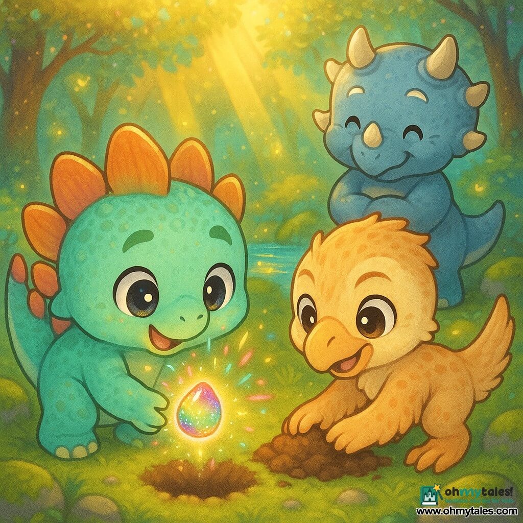 A small stegosaurus named Spike, cheerful and determined with rounded colorful plates and mint-green textured skin, gently plants a sparkling rainbow seed; a young mischievous velociraptor named Dash with beige feathers and orange spots kneels to cover it with soil, while a wise old bluish-gray triceratops named Sage watches and smiles in the background. The scene is the Shimmering Glade—emerald moss, golden sunbeams through iridescent trees, glowing fireflies, mossy stones and a sparkling stream—capturing the magical moment as the seed emits a soft halo and colored particles, with expressions of wonder, bright contrasting colors, a cute simple style and a warm, safe atmosphere.
