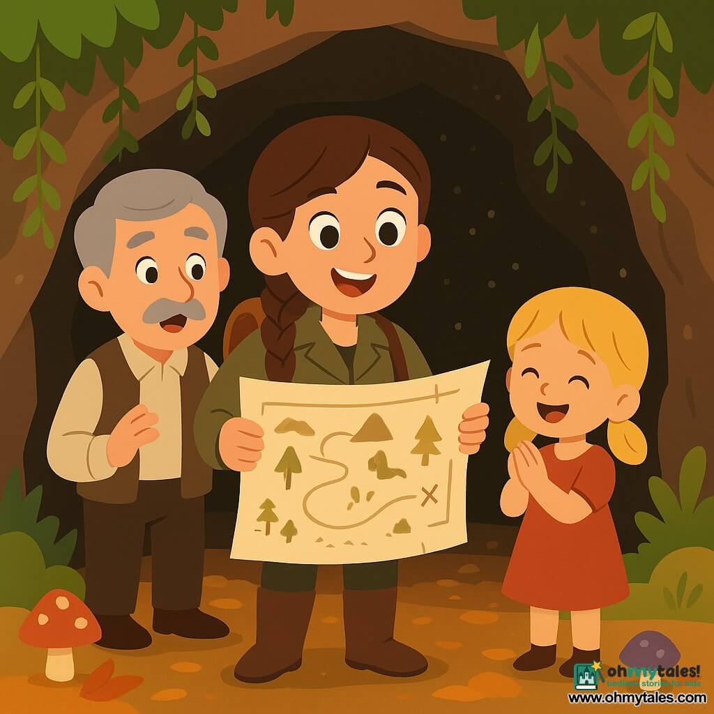 A young explorer named Ellie, excited and awed, smiles with bright eyes and braided brown hair, wearing a khaki jacket, leather boots and a backpack, holding a large unfolded map; to her left a surprised, pleased village man in his 60s with gray hair and a mustache looks at the map; in front of her near her feet a blond village girl of about 8 in a red dress claps; they stand at the entrance of a cave in a green hill with hanging vines and stone walls studded with tiny crystals, golden sunset light filtering through trees, ground covered in orange and light-brown leaves with a few colorful mushrooms; scene shows Ellie sharing a treasure map with villagers, warm friendly mood, composition centered on the map, simple silhouettes, bold shapes, vivid colors, soft contrasts, stylized trees and rolling hills.