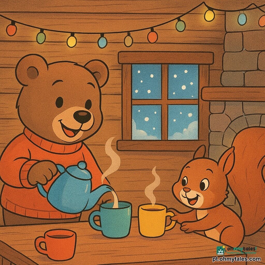 Um pequeno urso marrom chamado Bolota, com pelagem fofinha e um grande sorriso caloroso, está em sua cabana de madeira decorada com guirlandas luminosas. Ele derrama delicadamente uma bebida quente fumegante em xícaras coloridas. Ao seu lado, um esquilo chamado Pipoca, com uma cauda espessa e olhos brilhantes, estende uma pata para pegar uma xícara. A cabana é aconchegante, com um fogo crepitante na lareira e flocos de neve visíveis através da janela. A atmosfera é alegre e acolhedora, cheia de risos e calor festivo.