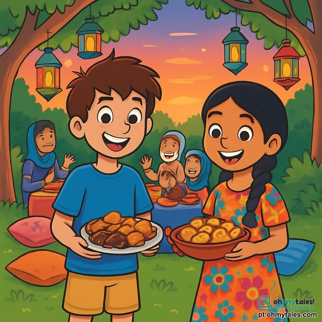 Um garoto de 12 anos, Rafael, com cabelos castanhos bagunçados e olhos brilhantes de curiosidade, está no centro da cena, com um sorriso maravilhado no rosto. Ele usa uma camiseta azul vibrante e um short bege, segurando um prato cheio de deliciosas especialidades do Ramadã. Ao seu lado, Yasmin, uma menina de 11 anos com cabelos longos e pretos, presos em uma trança, veste um vestido colorido com padrões florais. Ela sorri alegremente, segurando um prato tradicional nas mãos. A cena acontece em um jardim encantador, iluminado por lanternas coloridas penduradas nos galhos das árvores. Almofadas macias estão espalhadas na grama, criando uma atmosfera acolhedora e festiva. Rafael e Yasmin estão cercados por membros da família de Yasmin, todos reunidos em torno de uma grande mesa decorada, prontos para compartilhar a refeição do iftar, com pratos saborosos e frutas frescas. A atmosfera é calorosa e alegre, cheia de risos e conversas animadas, enquanto o sol se põe no horizonte, tingindo o céu com tons dourados e rosados.