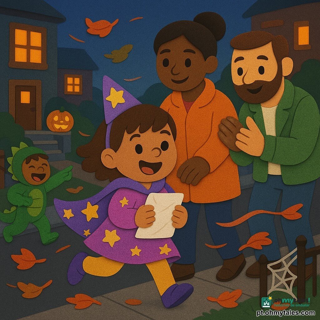 Uma menina de 4 anos, feliz e orgulhosa, olhos brilhantes e sorriso largo, cabelos castanhos curtos, com capa roxa de estrelas amarelas e um pequeno chapéu pontudo meio escorregando, segura firme um papel branco amassado contra o peito, em posição de corrida; ao lado, uma mulher de 30–35 anos, cabelos presos, casaco laranja e mão no ombro da menina, encorajando-a; um homem de 30–35 anos um pouco atrás, barba curta, jaqueta verde, aplaudindo e sorrindo; ao fundo um menino de ~6 anos fantasiado de dinossauro verde, apontando e rindo; rua de bairro à noite com calçada de paralelepípedos, janelas iluminadas em amarelo‑laranja, lanternas de abóbora nas varandas, folhas de outono laranja e vermelhas rodopiando, uma pequena cerca com teia de aranha falsa; a menina acabou de agarrar o papel que o vento levava — vento visível por fitas e folhas em movimento — momento de vitória terno e caloroso, composição centrada na menina, silhuetas simples, texturas em EVA, cores vivas e contrastantes, contornos nítidos e sombras suaves para um efeito infantil e pegajoso.