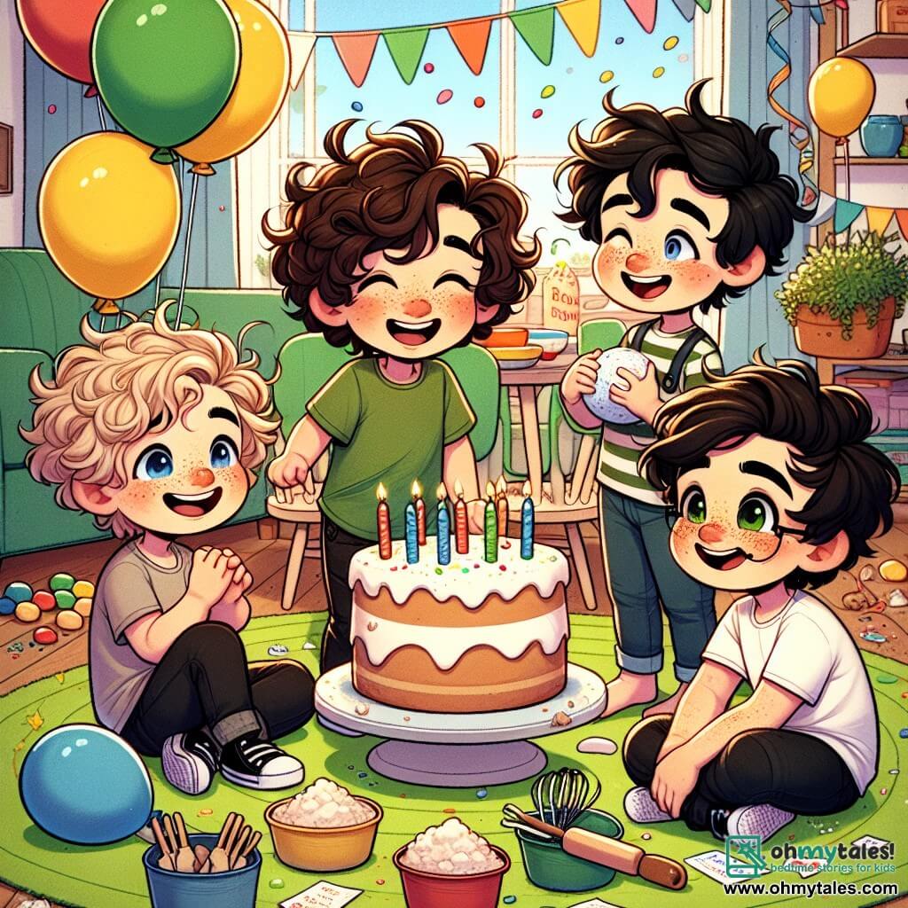 In a colorful and joyfully decorated room, four six-year-old boys stand in a circle. Alex, a boy with curly brown hair, is smiling widely while holding a large, slightly tilted cake. Next to him, Ben, a blond boy with sparkling eyes, holds a bunch of multicolored balloons floating happily above his head. Charlie, a boy with chestnut hair and freckles, is covered in flour, laughing as he holds a kitchen whisk. Finally, Sam, a boy with black hair and glasses, is sitting on the floor surrounded by small colored papers, filling a pretty jar with thank-you notes. The room is filled with colorful garlands and balloons, with a large green carpet adding warmth. On the table, the cake is decorated with candles and small sugar hearts, while soft light filters through the curtains, creating a festive atmosphere. The main scene shows the boys surprising Alex's mom, who has just entered the room, her eyes wide with surprise and happiness. They all shout together: "Surprise! Happy Mother's Day!" while the mom, beaming, smiles tenderly, surrounded by the love and joy of her children.