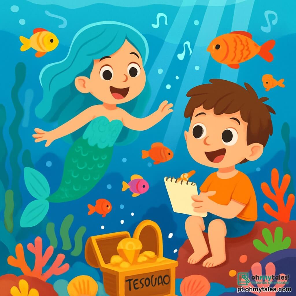 Uma sereia com escamas cintilantes e longos cabelos ondulados na cor turquesa nada alegremente em águas cristalinas. Seu rosto irradia excitação e curiosidade enquanto explora um misterioso santuário subaquático. Perto dali, um menino de 8 anos, com cabelos castanhos bagunçados e olhos brilhantes, observa a cena com admiração, sentado em uma rocha coberta de corais coloridos. Ele segura um pequeno caderno de esboços e desenha a sereia com entusiasmo. O local é um magnífico recife de corais, repleto de peixes multicoloridos, corais em forma de flores e raios de luz filtrando pela superfície da água, criando uma atmosfera mágica. A sereia e o menino descobrem juntos um antigo tesouro escondido, cercado de conchas brilhantes, enquanto uma doce melodia ressoa na água, convidando-os a mergulhar mais fundo na aventura.