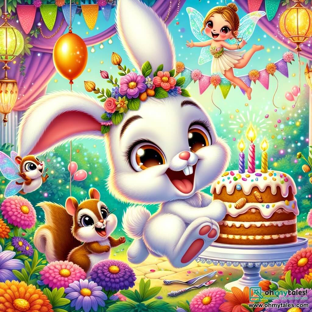 An illustration depicts a small rabbit with big ears and white fur, overflowing with excitement, joyfully hopping in a colorful garden. It has sparkling eyes and a wide smile on its face, holding a slice of carrot cake in its little paws. Next to it, a brown-furred squirrel with bright eyes, cheeks full of nuts, is joyfully laughing while trying to catch a floating balloon. Further away, a fairy with shimmering wings and golden hair, floating in the air with a mischievous smile, spreads magical glitter around her. The main setting is an enchanting garden filled with vibrant flowers, colorful lantern garlands, and a large table adorned with balloons and confetti, where a magnificent carrot cake sits at the center. The main scene shows the little rabbit celebrating its birthday, surrounded by friends, in a festive and magical atmosphere radiating joy and friendship. Other graphic elements include colorful balloons floating in the air, flower garlands, a carrot-shaped piñata, and sparkling light bursts to enhance the enchanted atmosphere of the party.