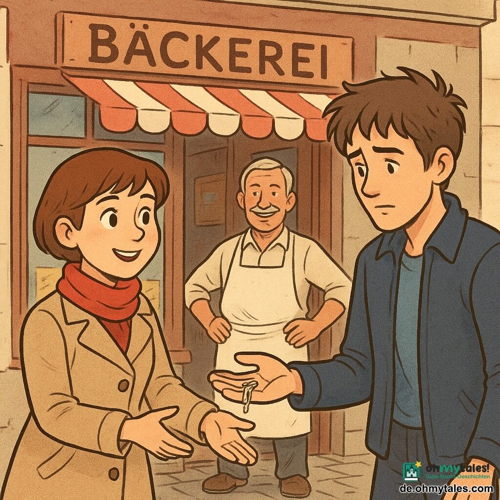 Die Protagonistin ist eine Ermittlerin (erwachsene Frau) mit rundem Gesicht, wachen Augen, kurzen kastanienbraunen Haaren, beigem tailliertem Mantel und rotem Schal; sie lächelt erleichtert und streckt die Hand nach einem Schlüsselbund. Ein junger Mann (ca. 20) namens Felix mit strubbeligem Haar und marineblauer Jacke wirkt zerknirscht und hält den Schlüsselbund, den er der Ermittlerin reicht, leicht vorgebeugt. Ein älterer Mann (ca. 60), der Bäcker Herr Schröder, mit sonnengebräuntem Gesicht und bemehlter weißer Schürze steht in der Tür seiner kleinen Nachbarschaftsbäckerei, die ein Schaufenster mit bunten Plakaten, ein bemaltes Holzschild, einen rot-weiß gestreiften Vorhang, nasse Morgenpflaster und einen glänzenden Messingtürgriff hat; die Szene zeigt die Schlüsselübergabe im Vordergrund, den Bäcker in der Tür, sanftes Morgenlicht und warme, wohlwollende Gesichtsausdrücke.