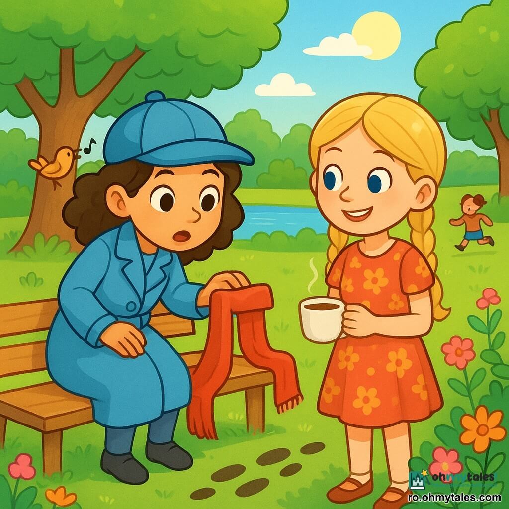 O tânără detectivă, Mara, este o femeie cu părul brun ondulat, purtând un palton bleu deschis și o pălărie mică. Are o privire curioasă și hotărâtă, iar ochii ei strălucesc de entuziasm în timp ce examinează o eșarfă roșie lăsată pe o bancă. Lângă ea, cea mai bună prietenă, Lili, o fetiță de 8 ani cu părul blond împletit, poartă o rochie frumoasă cu flori și un zâmbet larg. Ea ține o cană cu ceai cald și o observă atent pe Mara, pregătită să o ajute în investigație. Locul este un parc însorit, plin de flori colorate și copaci verzi mari. Un mic lac strălucește în depărtare, iar copiii se joacă vesel pe iarbă. Scena este animată de cântatul păsărilor și sunetul blând al frunzelor în vânt. Mara descoperă o eșarfă roșie pe bancă și urmează niște urme misterioase în iarbă, căutând să rezolve misterul dispariției unui ursuleț de pluș. Lili o încurajează, iar împreună se pregătesc să descifreze indicii care le vor conduce la adevăr.