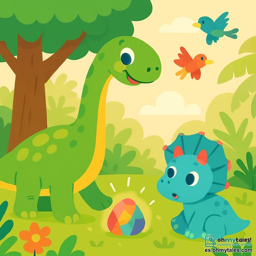 Un diplodocus alegre con una larga cola y un cuello esbelto, de escamas verdes y amarillas, se encuentra bajo un gran árbol. Sus grandes ojos brillantes expresan curiosidad y asombro. Junto a él, un pequeño triceratops con cuernos rosas y piel azul claro observa con asombro la piedra brillante. Está sentado en la hierba verde, ligeramente retirado, con los ojos muy abiertos. El decorado es un bosque prehistórico exuberante, con árboles gigantes, helechos y flores coloridas que crecen alrededor. En el centro de la imagen, el diplodocus toca una piedra centelleante de colores vivos, rodeada de un leve resplandor mágico, mientras aves coloridas vuelan sobre ellos.