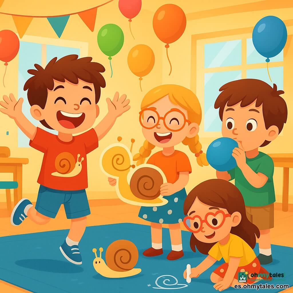 Un niño de 8 años, llamado Bruno, con cabello castaño revuelto y una gran sonrisa, está saltando de alegría sobre una gran alfombra azul, rodeado de globos coloridos. Lleva una camiseta roja con un dibujo de caracol y un short de mezclilla. A su lado, Martina, una niña de 8 años con trenzas rubias y gafas naranjas, ríe mientras sostiene una gran pegatina de caracol. Leo, un niño de 7 años con cabello castaño y ojos brillantes, está soplando un globo, tratando de hacerlo volar. Paula, una niña de 8 años con gafas en forma de corazón y una falda de lunares, se encuentra un poco apartada, dibujando caracoles en la alfombra con tiza blanca. La escena tiene lugar en un gran salón luminoso de la casa de asociaciones, con paredes de colores y ventanas que dejan entrar la luz del sol. La situación principal muestra a Bruno y sus amigos preparando una carrera de caracoles de papel, riendo y divirtiéndose juntos, creando un ambiente alegre y lleno de camaradería.